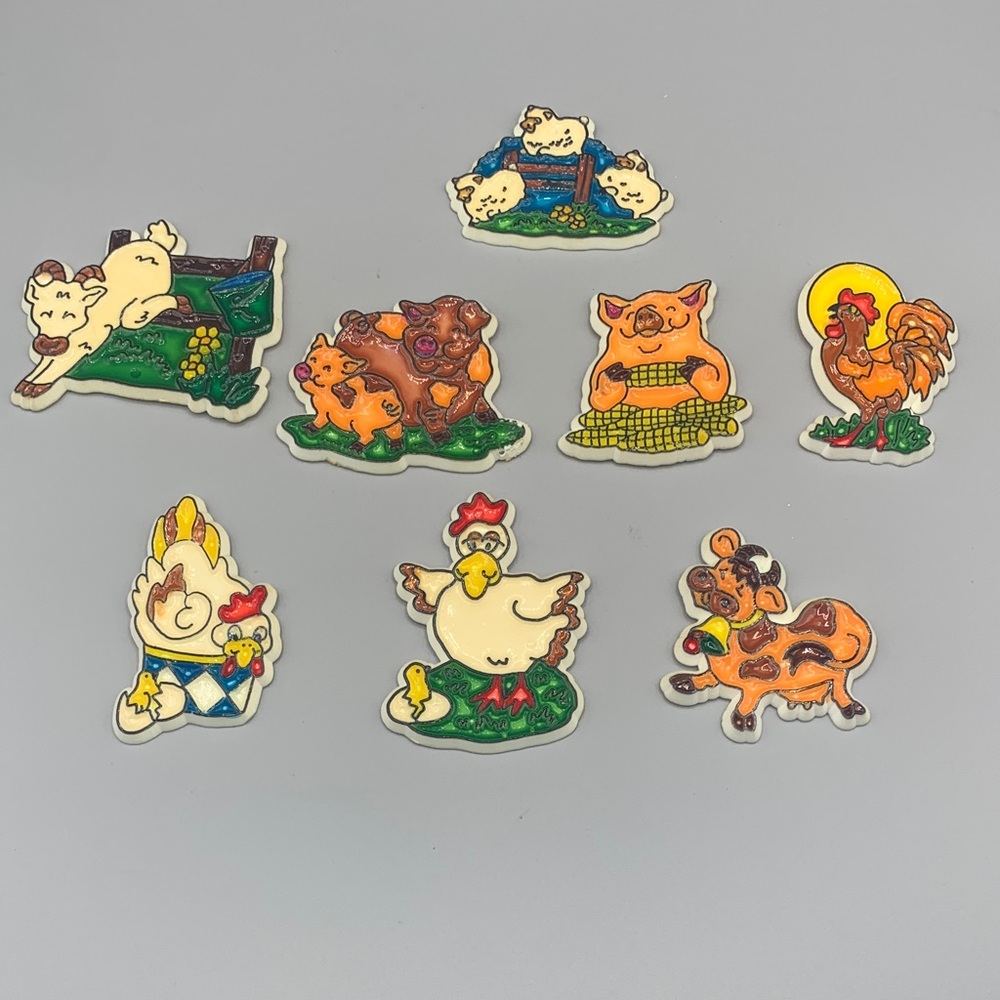 Eight Vintage Plastic Stain Glass Hand Painted Farm Animal Magnets